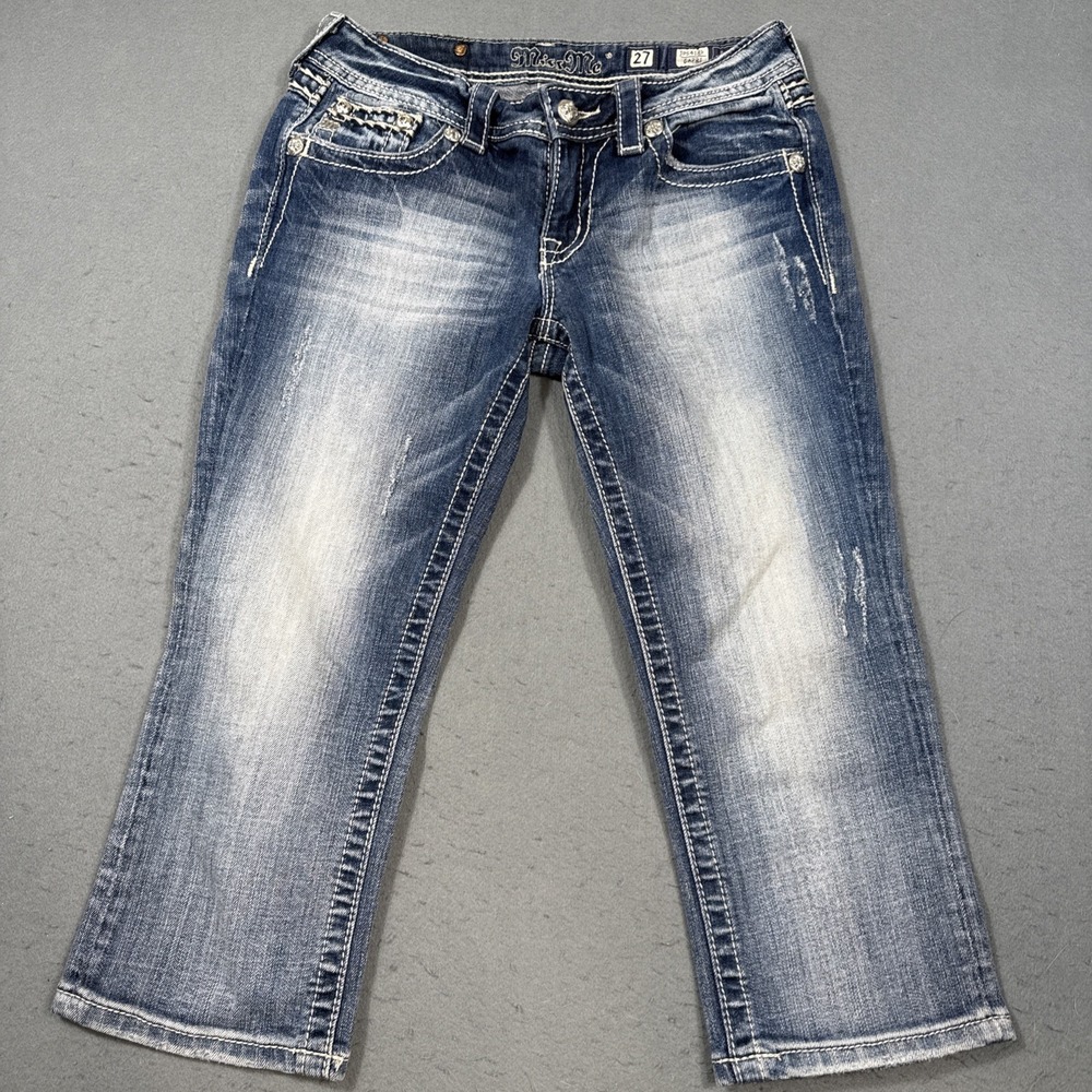 Miss Me Easy Capri Jeans Women 27 Distressed Embellished THICK STITCHING - Picture 2 of 10